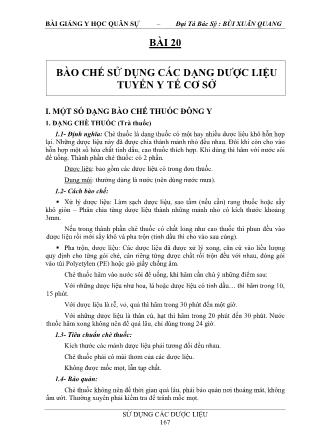 Bài giảng Y học quân sự - Bài 20: Bào chế sử dụng các dạng dược liệu tuyến y rế cơ sở