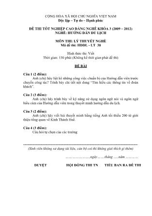 Đề thi tốt nghiệp Cao đẳng nghề khóa 3 (2009-2012) Lý thuyết nghề Hướng dẫn du lịch - Mã đề thi: HDDL - LT 38