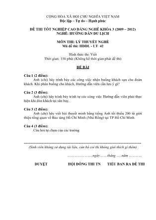 Đề thi tốt nghiệp Cao đẳng nghề khóa 3 (2009-2012) Lý thuyết nghề Hướng dẫn du lịch - Mã đề thi: HDDL - LT 42