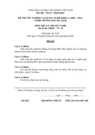 Đề thi tốt nghiệp Cao đẳng nghề khóa 3 (2009-2012) Lý thuyết nghề Hướng dẫn du lịch - Mã đề thi: HDDL - LT 46