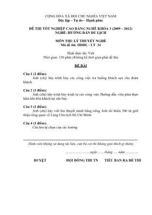 Đề thi tốt nghiệp Cao đẳng nghề khóa 3 (2009-2012) Lý thuyết nghề Hướng dẫn du lịch - Mã đề thi: HDDL - LT 34