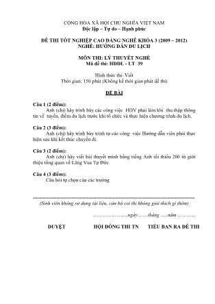 Đề thi tốt nghiệp Cao đẳng nghề khóa 3 (2009-2012) Lý thuyết nghề Hướng dẫn du lịch - Mã đề thi: HDDL - LT 39