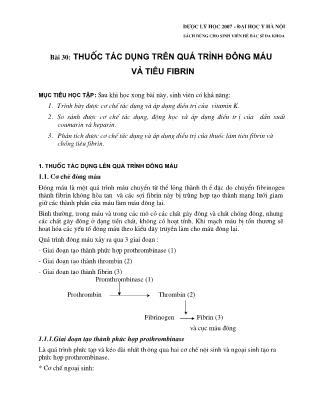 Giáo trình Dược lý học - Bài 30: Thuốc tác dụng trên quá trình đông máu và tiêu Fibrin