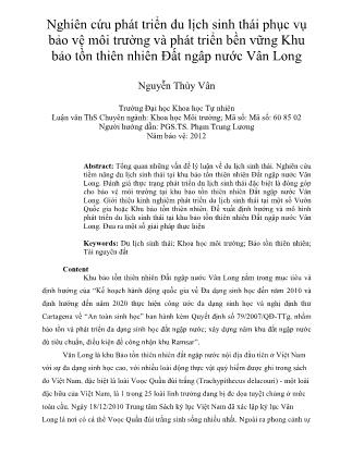 Luận văn Nghiên cứu phát triển du lịch sinh thái phục vụ bảo vệ môi trường và phát triển bền vững Khu bảo tồn thiên nhiên Đất ngập nước Vân Long