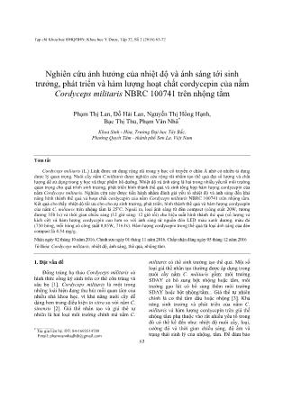 Nghiên cứu ảnh hưởng của nhiệt độ và ánh sáng tới sinh trưởng, phát triển và hàm lượng hoạt chất Cordycepin của nấm Cordyceps militaris NBRC 100741 trên nhộng tằm