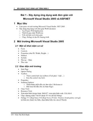 Bài giảng Thực hành lập trình Web 2 - Bài 1:Xây dựng ứng dụng web đơn giản với Microsoft Visual Studio 2005 và ASP.NET - Trần Thị Bích Hạnh