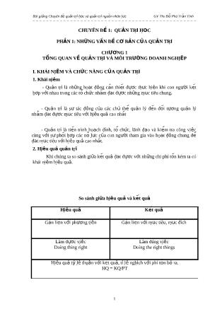 Chuyên đề Quản trị học và quản trị nguồn nhân lực - Chương 1: Tổng quan về quản trị và môi trường doanh nghiệp