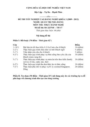 Đề thi tốt nghiệp Cao đẳng nghề khóa 3 (2009-2012) - Nghề: Quản trị nhà hàng - Môn: Thực hành nghề - Mã đề: ĐA QTNH - TH 17