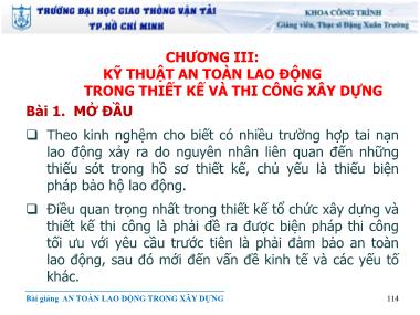 Bài giảng An toàn lao động - Chương III: Kỹ thuật an toàn lao động trong thiết kê và thi công xây dựng - Đặng Xuân Trường