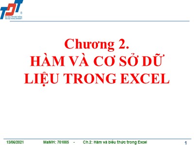 Bài giảng Tin học ứng dụng trong kinh doanh 1 - Chương 2: Hàm và cơ sở dữ liệu trong excel