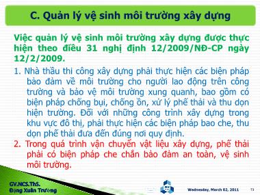 Bài giảng Tư vấn giám sát - Chuyên đề 4: Quy trình và nội dung giám sát tiến độ, an toàn lao động - Đặng Xuân Trường (Phần 3)