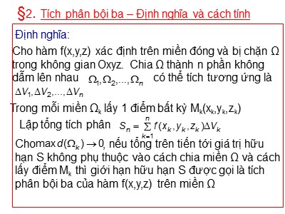 Giáo trình Giải tích hàm nhiều biến - Chương 2: Tích phân bội - Bài 2: Tích phân bội ba - Định nghĩa và cách tính